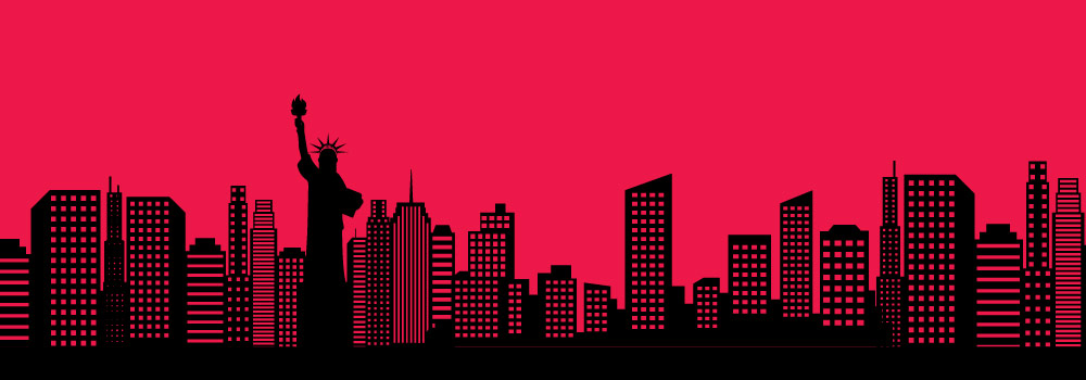 A red and black graphic of the New York Skyline Featuring the Statue of Liberty